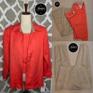 Plaza South Petite NWT Coral & Tan 2-Piece Linen Open Jacket and Top Size 12